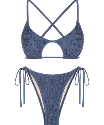ZAFUL Criss Cross Star-shaped Keyhole Smocked String Bikini Swimwear L Deep blue
