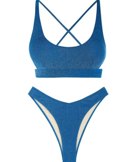 ZAFUL Metallic Sparkly Glitter Criss Cross Bikini Top and High Cut Bikini Bottom Set L Multi e