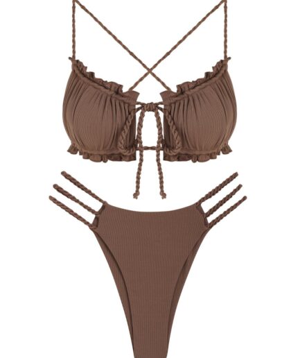 ZAFUL Ribbed Braided Ladder Cutout Tie Bikini Swimwear L Deep coffee