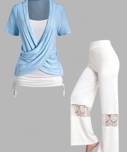 Dresslily Colorblock Cinched Crossover Short Sleeve Faux Twinset T-shirt And Sheer Lace Panel Wide Leg Pants Outfit S Multicolor