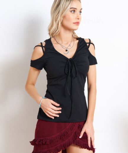 Women Cold Shoulder Crossover Short Sleeve T-shirt Cinched Ruched Bust V Neck Tee Clothing L Black
