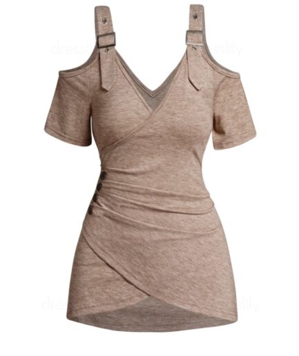 Women Cold Shoulder Crossover T-shirt Ruched Mock Button Buckle Strap V Neck Heathered Tee Clothing L Light coffee