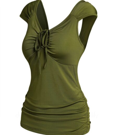 Women Cinched Cut Out T-shirt Solid Color Cap Sleeve Ruched Casual Tee Clothing L Green