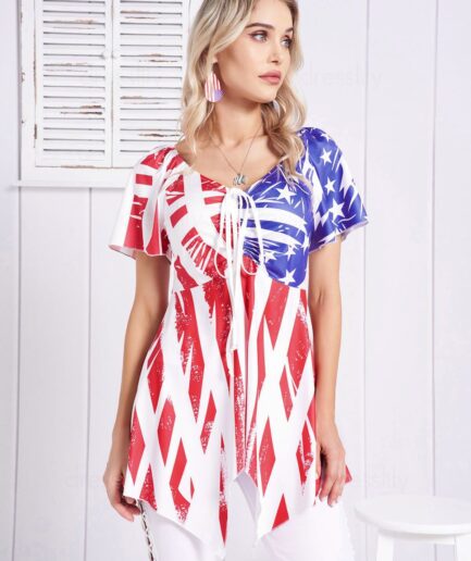 Women American Flag Print Cinched Asymmetric T-shirt Plunge Short Sleeve Handkerchief Tee Clothing L Red