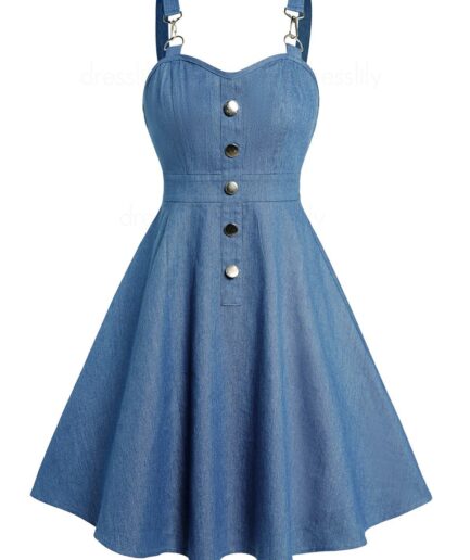 Dresslily Women Plain Color Dress Bowknot Mock Button High Waisted Sleeveless A Line Mini Dress Clothing M Light blue