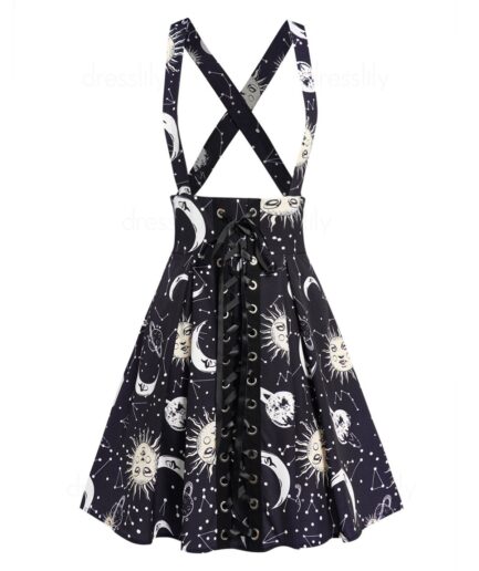 Women Sun Moon Celestial Print Skirt Crossover Lace Up A Line Pleated Midi Suspender Skirt Clothing L Black