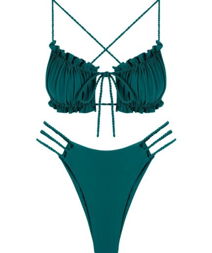 ZAFUL Criss Cross Strappy Braided Ladder Cutout Tie Bikini Swimwear L Deep green