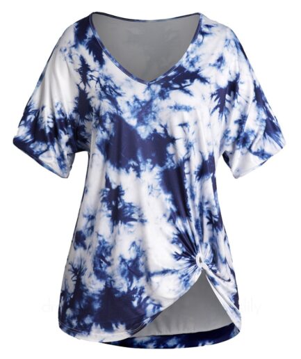 Dresslily Fashion Women Plus Size T Shirt Tie Dye Print Slit Sleeve V Neck Twisted Casual Tee Clothing L Deep blue