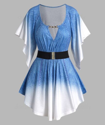 Women Faux Denim 3D Print Belted T-shirt Surplice Cut Out Chain Butterfly Sleeve Tee Clothing S Light blue