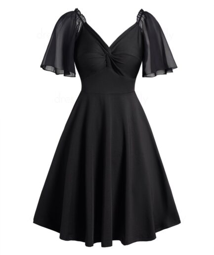 Dresslily Women Solid Color Twist Plunge Mini Dress Lace Flutter Sleeve Ruffles Dress Clothing L Black