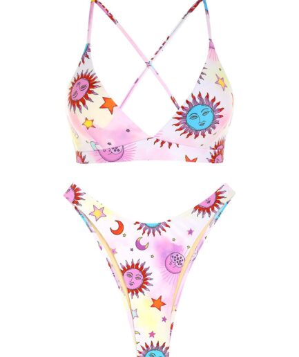 ZAFUL Sun and Moon Star Print Lace Up Bikini Swimwear M