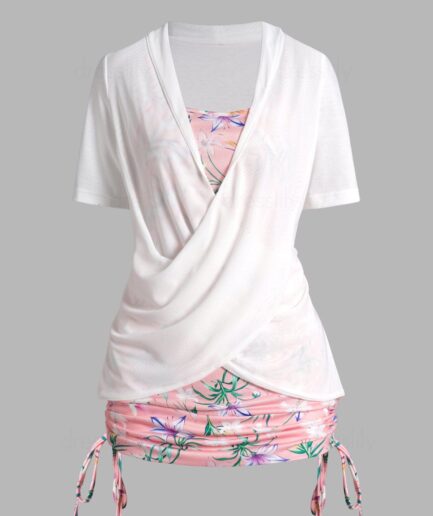 Women Flower Leaf Print Faux Twinset T Shirt Crossover Cinched Long Twofer Tee Clothing L White