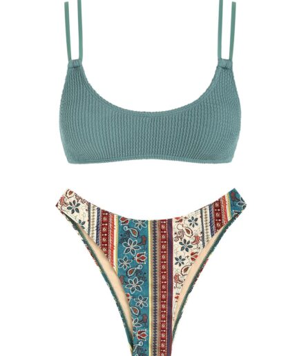 Dual Strap Crinkle Ethnic Print Boho Cheeky Bikini Set L Green