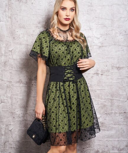 Women Floral Pattern Mesh Overlay Mini Dress Ruffles Short Sleeve Lace-up Belt Dress Clothing L Deep green