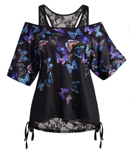 Dresslily Fashion Women Plus Size Top Sheer Lace Cinched Tank Top And Colored Butterfly Print T Shirt Set Clothing L Black