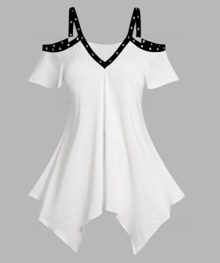 Dresslily Fashion Women Plus Size T Shirt Contrast Colorblock Grommet Cold Shoulder Asymmetrical Casual Tee Clothing L White