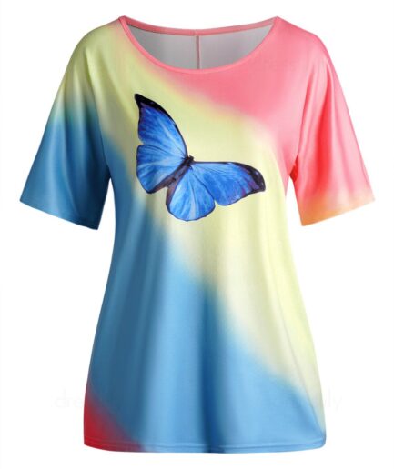 Women Colorful Ombre Tie Dye Butterfly Print T-shirt Raglan Sleeve Scoop Neck Pastel Tee Clothing L Multicolor