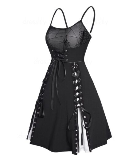 Dresslily Women Gothic Spider Mesh Colorblock Mini Dress Self-belt Lace Up Spaghetti Strap Godet Dress Clothing L Black