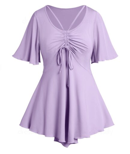 Dresslily Fashion Women Plus Size T Shirt Cinched Ruched Pastel Color Cut Out Ruffle Sleeve Asymmetrical Tee Clothing L Light purple