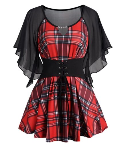 Women Plaid Print Lace Up T-shirt See Thru Chiffon Flutter Sleeve Long T-shirt Clothing S Deep red