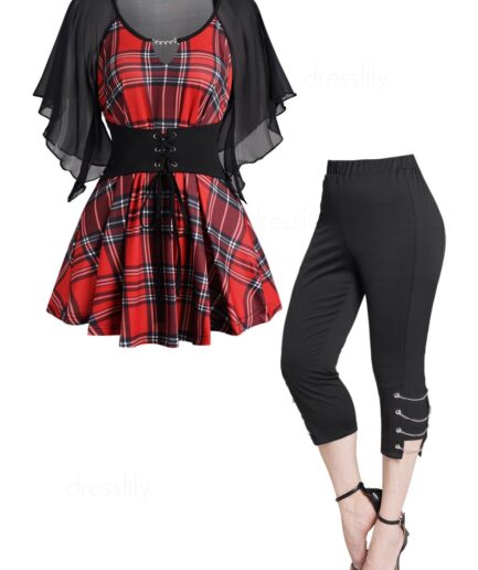 Dresslily Plaid Print Lace Up Chiffon Flutter Sleeve Curved Hem Long T Shirt And Chain Lace Up Eyelet Capri Pants Casual Outfit S Multicolor