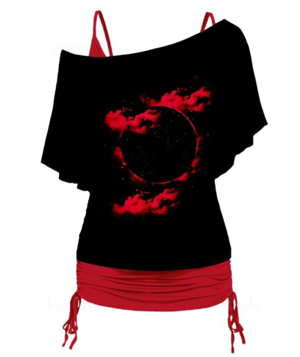 Dresslily Fashion Women Plus Size Cloud Moon Print Skew Neck T Shirt And Plain Cinched Ruched Long Tank Top Colorblock Set Clothing L Red
