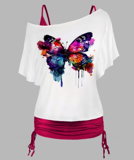 Dresslily Fashion Women Plus Size Colored Butterfly Print Skew Neck T Shirt And Plain Cinched Ruched Long Tank Top Colorblock Set Clothing L Red