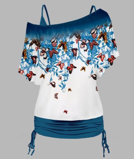 Dresslily Fashion Women Plus Size Butterfly Leaf Print Skew Neck T Shirt And Plain Cinched Ruched Long Tank Top Colorblock Set Clothing L Blue