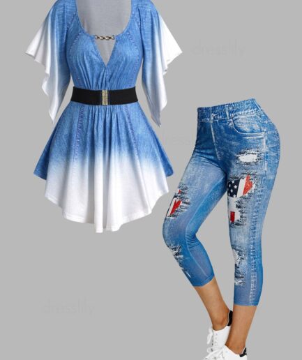 Dresslily Faux Denim 3D Print Surplice Cut Out Chain Butterfly Sleeve Belted T-shirt And Patriotic American Flag Print Capri Jeggings Outfit S Blue