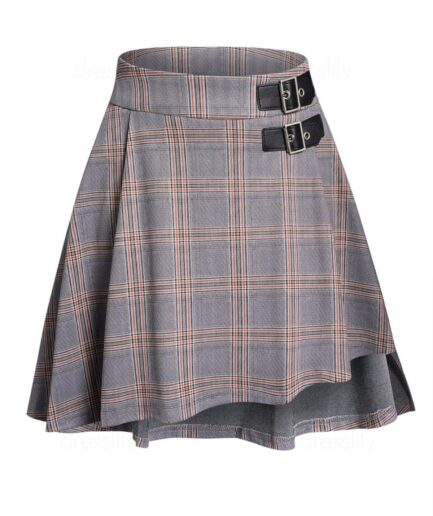 Women Plaid Print Skirt Buckle Strap Zip Fly High Low Pleated A Line Mini Skirt Clothing M Gray