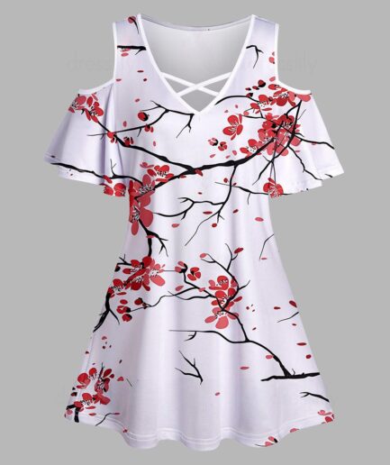 Women Floral Print Cold Shoulder T-shirt Crisscross V Neck Short Sleeve Tee Clothing L White