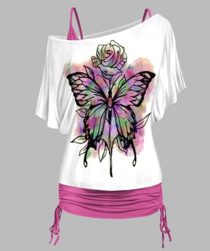 Women Flower Psychedelic Butterfly Print Skew Collar T-shirt Cinched Ruched Spaghetti Strap Camisole Two Piece Set Clothing S Light pink