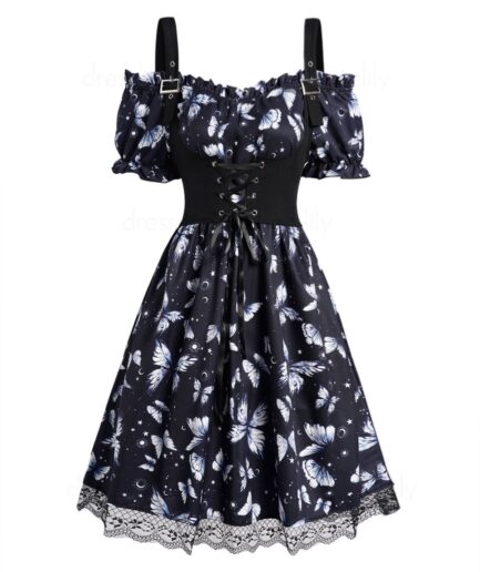 Women Off The Shoulder Sun Moon Star Butterfly Print Ruffles Elastic Waist Mini Dress And Lace Up Buckle Strap Crop Tank Top Set M Black