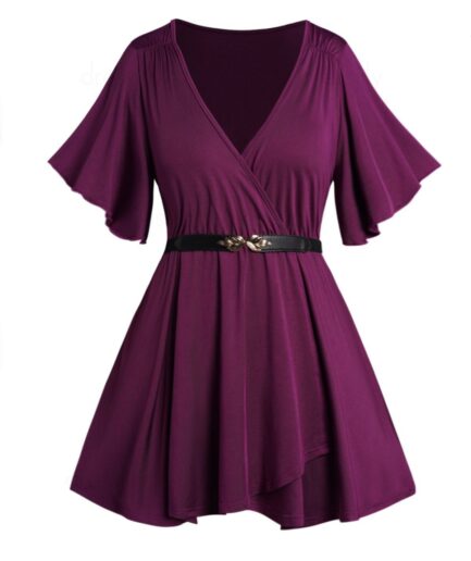 Dresslily Fashion Women Plus Size T Shirt Plain Color Plunging Neck Surplice Belted Flutter Sleeve Tee Clothing L Concord